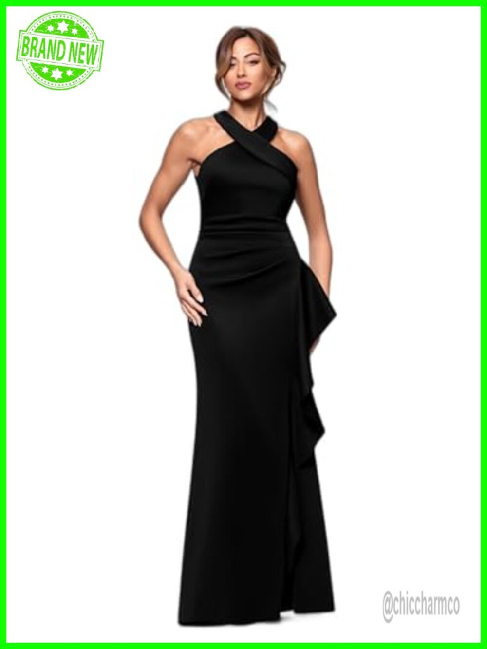 Xscape Long Bodycon Cross Front Halter Neck Evening Dress with Ruching & Ruffle